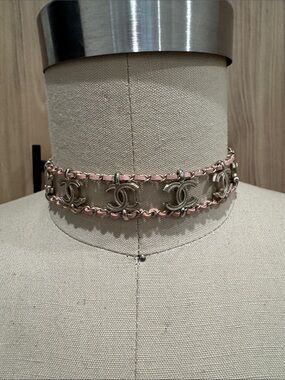Choker Pink Leather Interwoven CC Link Bracelet with Silver Hardware